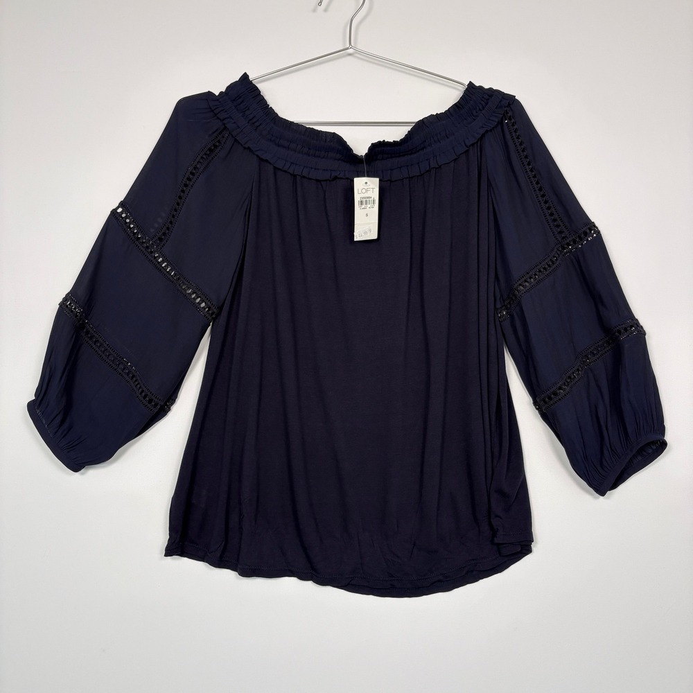 NWT LOFT Women Blouse S Navy Blue Off Shoulder Ladder Lace 3/4 Sleeve 23593664